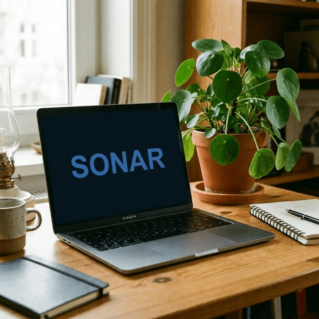 Laptop on a wooden desk displaying sonar data next to a green potted plant.