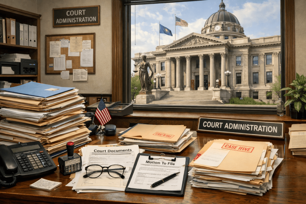 Desk in court administration office with stacks of legal documents and office equipment